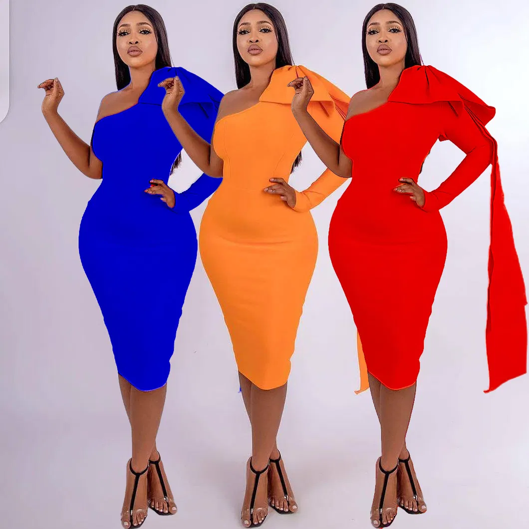 2021 Guangzhou New Design Solid Color Slash Neck Ruffles Woman Dresses