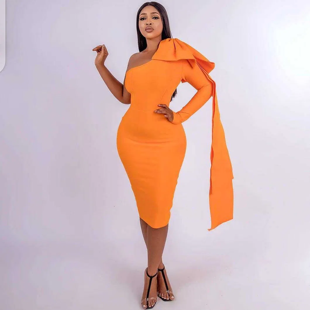 2021 Guangzhou New Design Solid Color Slash Neck Ruffles Woman Dresses