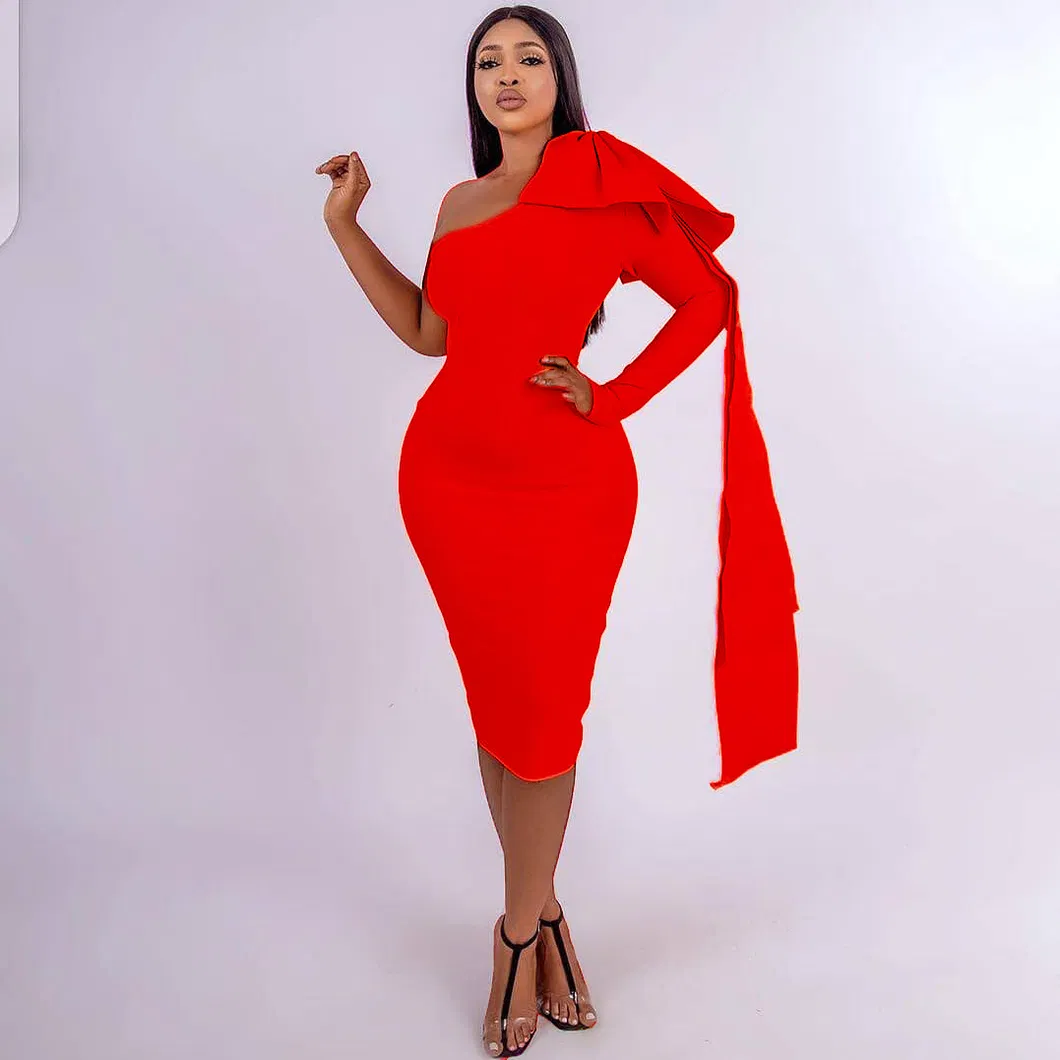 2021 Guangzhou New Design Solid Color Slash Neck Ruffles Woman Dresses