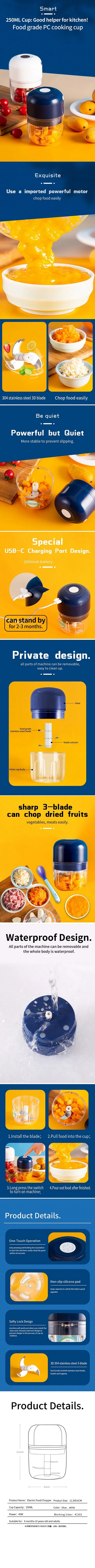 250ml Portable Mini Rechargeable Baby Food Garlic Chopper Wireless Electric Small Food Processor