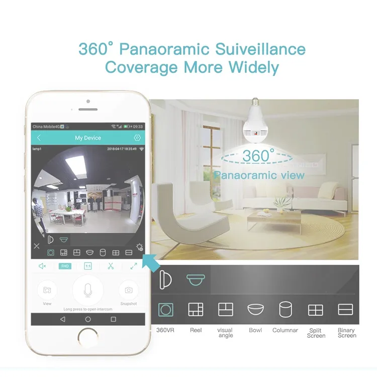 360 Degree Panoramic Onvif H. 265 1080P HD WiFi Bulb Camera WiFi Adjustable Bulb Camera
