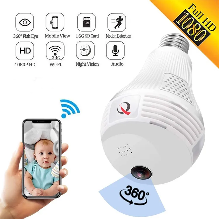 360 Degree Panoramic Onvif H. 265 1080P HD WiFi Bulb Camera WiFi Adjustable Bulb Camera