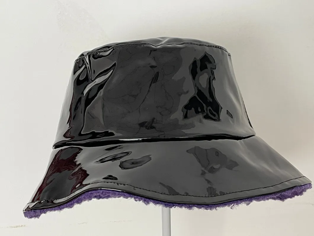 Bright PU Patent Leather Lined Lamb Down Fashion Bucket Hat