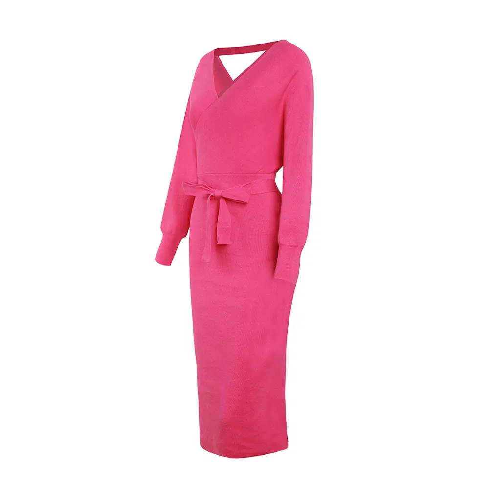 Fashion Solid Color V-Neck Sweater Knit Casual Dress Women Clothes