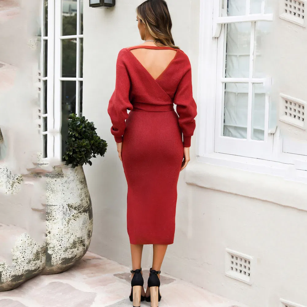 Fashion Solid Color V-Neck Sweater Knit Casual Dress Women Clothes