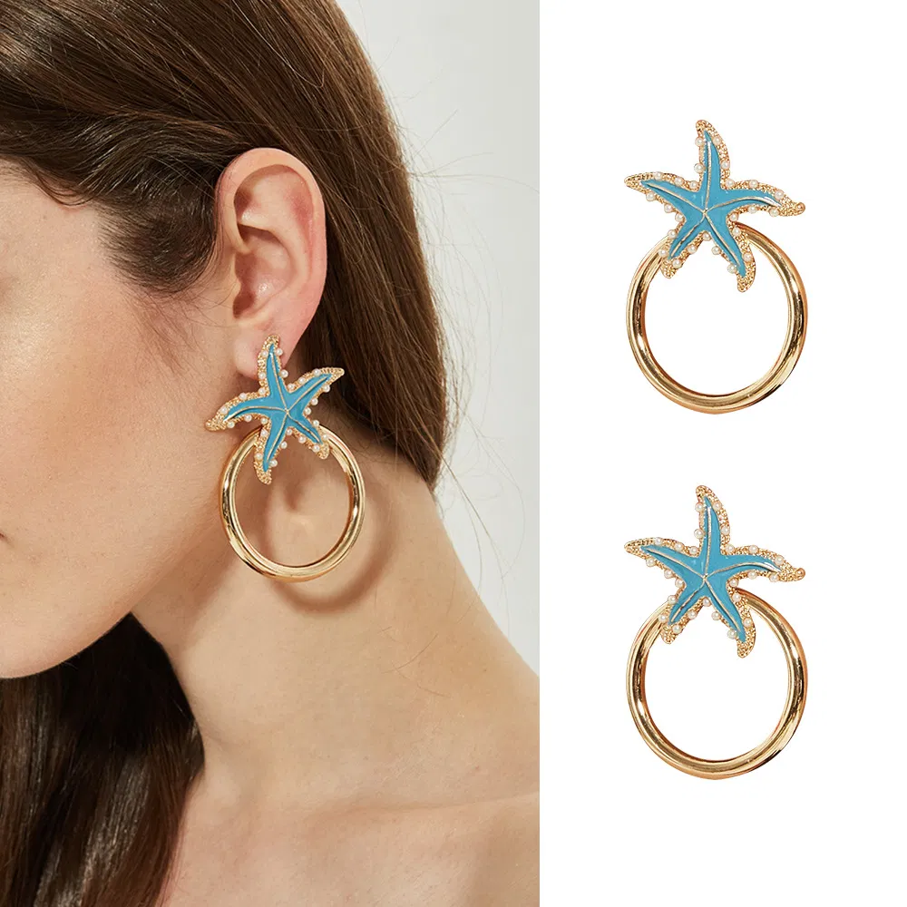 Female Simple High Quality Jewelry Starfish Pearl Circle Earrings