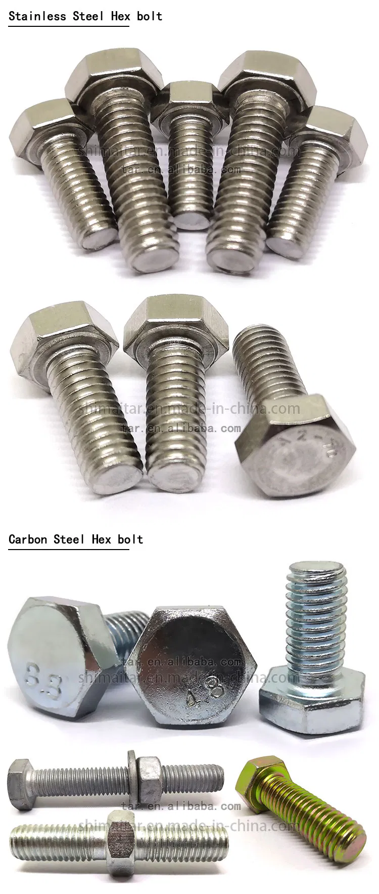 M12*80 ASME B18.2.1 Blue White Zinc Carbon Steel Full Thread Stainless Steel A2 A4 304 316 GB5783 DIN933 Hexagonal Bolt