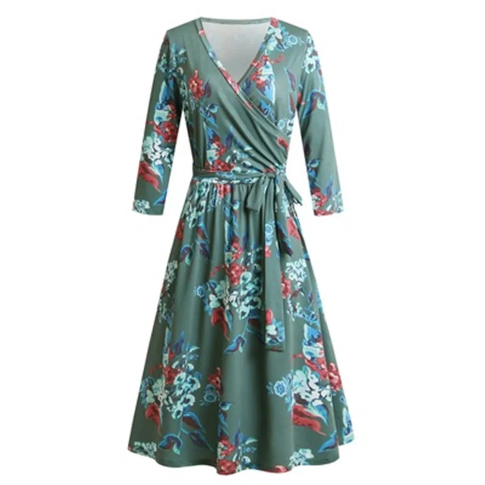 Printed Women′s 3 / 4 Sleeve V-Neck Knit Dress Elegant Dress (ELTMPJ-83)