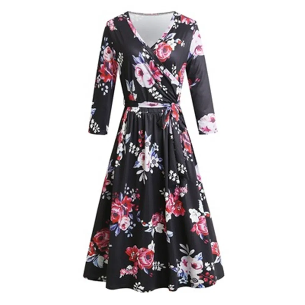 Printed Women's 3 / 4 Sleeve V-Neck Knit Dress Elegant Dress (ELTMPJ-83)