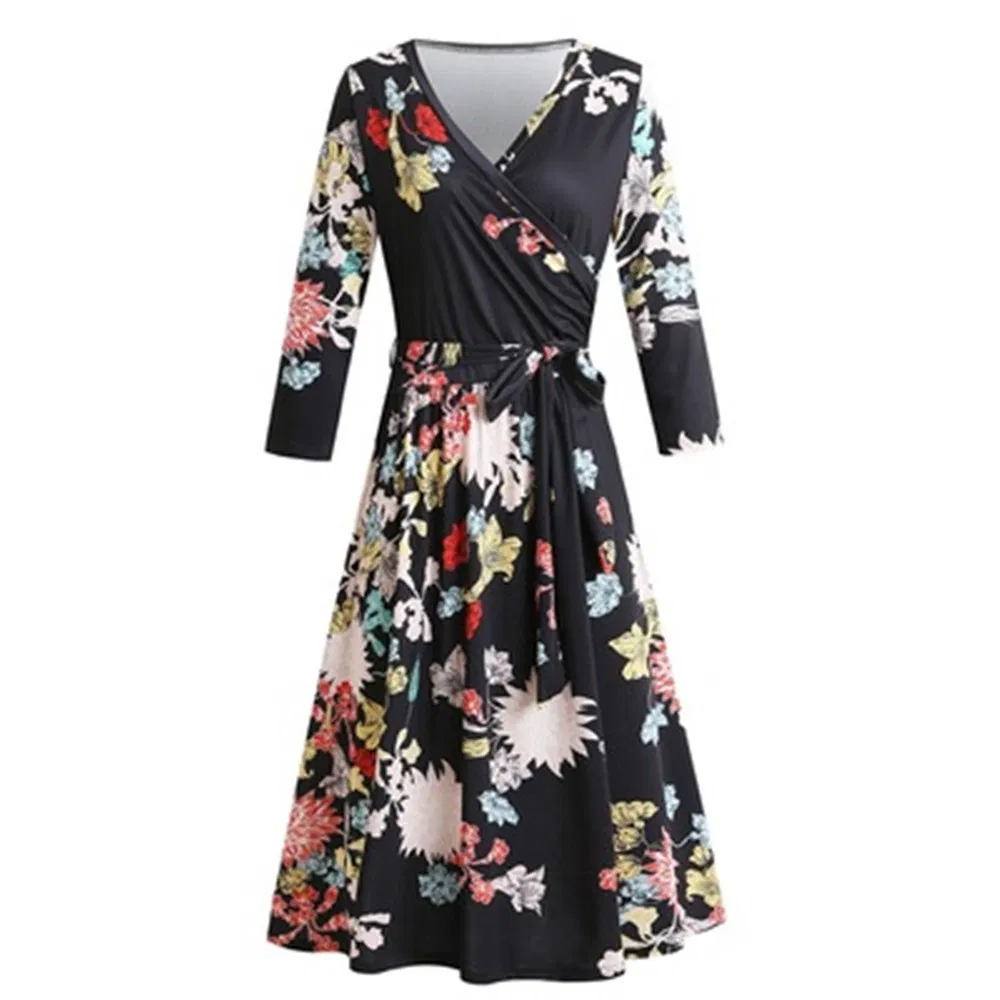 Printed Women′s 3 / 4 Sleeve V-Neck Knit Dress Elegant Dress (ELTMPJ-83)