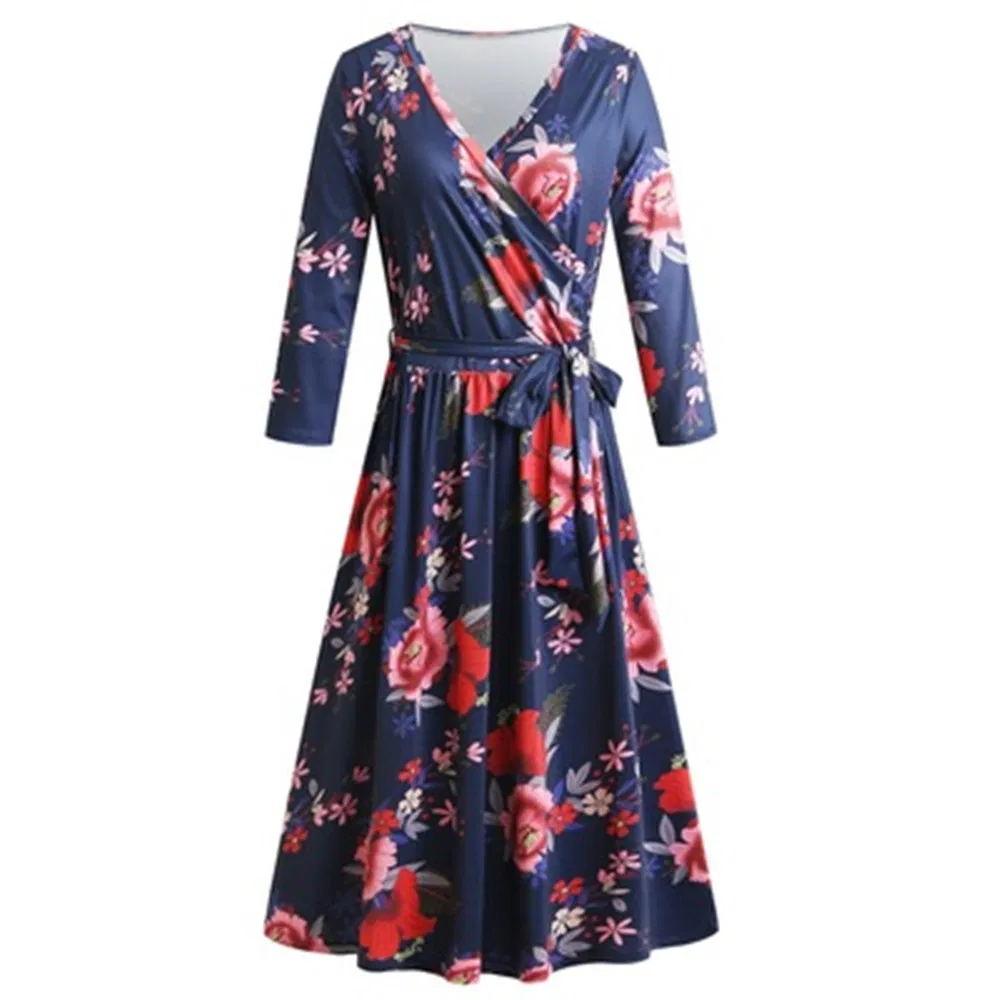 Printed Women′s 3 / 4 Sleeve V-Neck Knit Dress Elegant Dress (ELTMPJ-83)