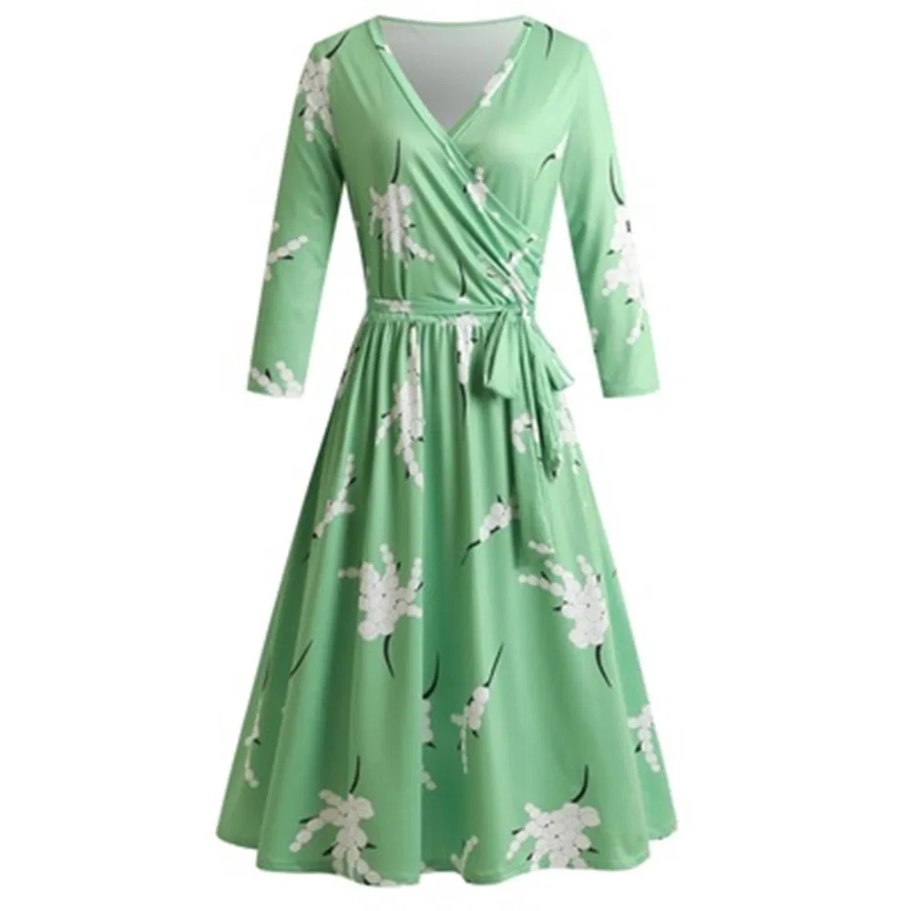Printed Women′s 3 / 4 Sleeve V-Neck Knit Dress Elegant Dress (ELTMPJ-83)