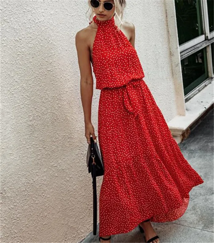 Shangyan Womens Casual Halter Neck Sleeveless Floral Long Maxi Dress Backless Loose Ruffle Sundress with Belt