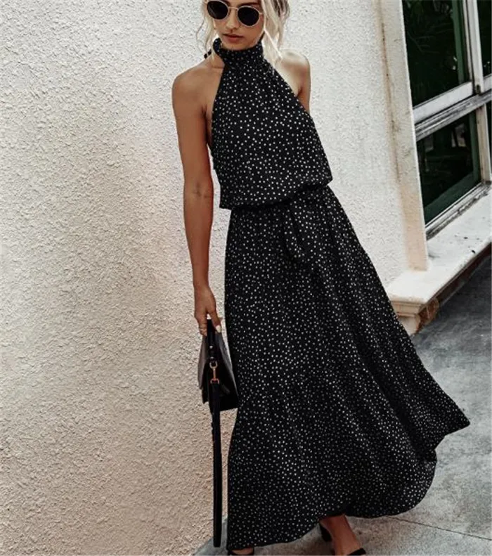 Shangyan Womens Casual Halter Neck Sleeveless Floral Long Maxi Dress Backless Loose Ruffle Sundress with Belt