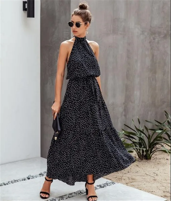 Shangyan Womens Casual Halter Neck Sleeveless Floral Long Maxi Dress Backless Loose Ruffle Sundress with Belt