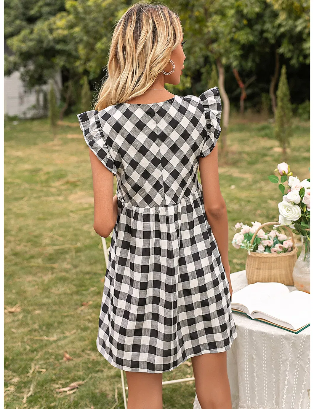 Shangyan Womens Gingham Check V Neck Sleeveless A Line Mini Tank Dresses