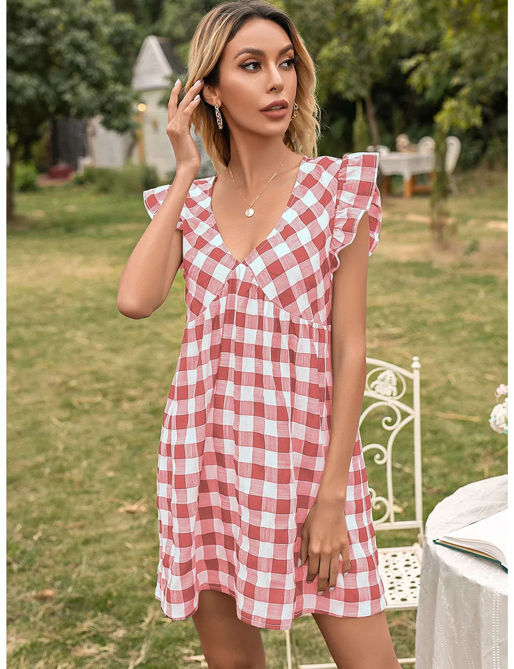 Shangyan Womens Gingham Check V Neck Sleeveless A Line Mini Tank Dresses