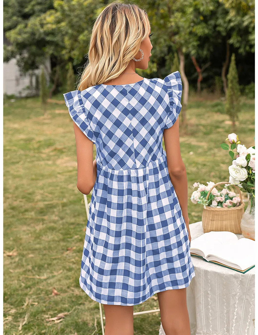 Shangyan Womens Gingham Check V Neck Sleeveless A Line Mini Tank Dresses