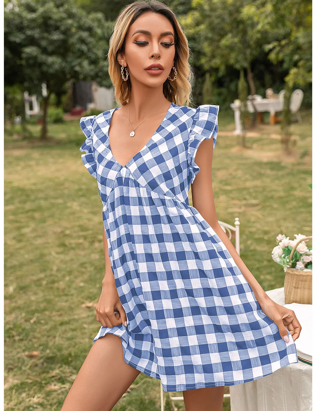 Shangyan Womens Gingham Check V Neck Sleeveless A Line Mini Tank Dresses