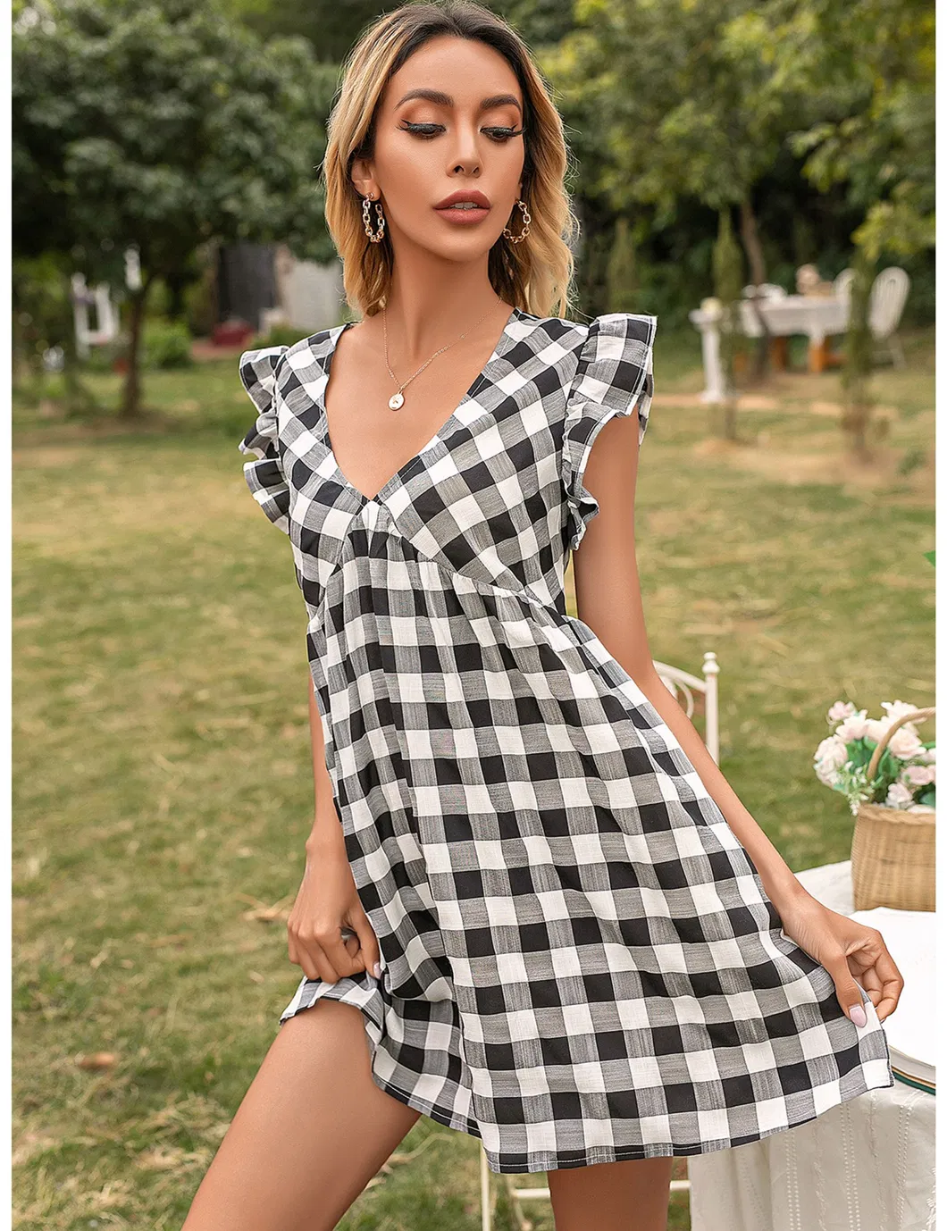 Shangyan Womens Gingham Check V Neck Sleeveless A Line Mini Tank Dresses