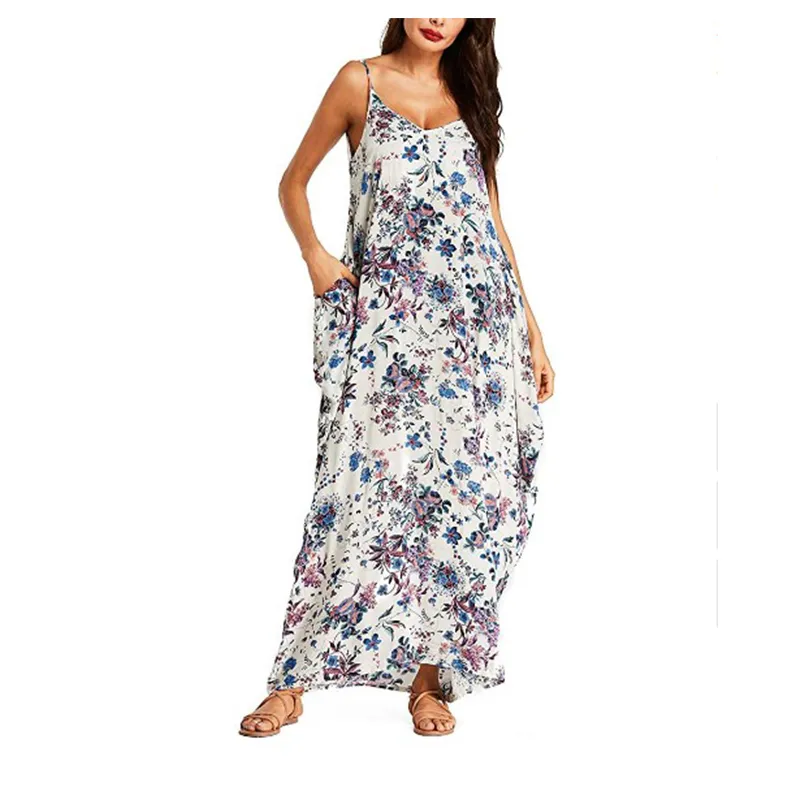 Women Maxi Dress Sexy V Neck Sleeveless Floral Print Sundress