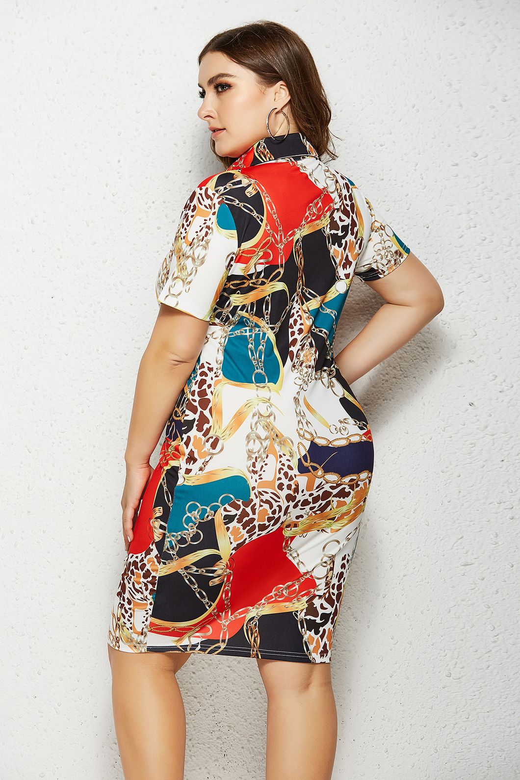 Women Plus Size Clothing Half Zipper Printed Dress Elegant Bodycon Dress in Stock